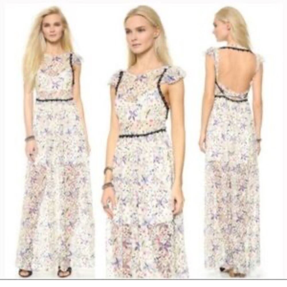 Free People White Floral Lace Maxi Dress with Black Trim